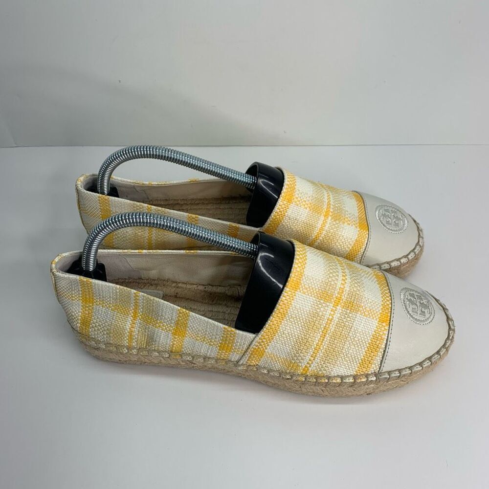 TORY BURCH Colorblock Platform Espadrille In Yellow Check Plaid/ Ivory Sz 10